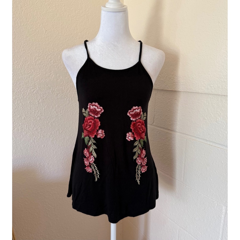 Moa Moa Tank Top Women Small Black Floral Embroidered Cami Boho Summer Rose